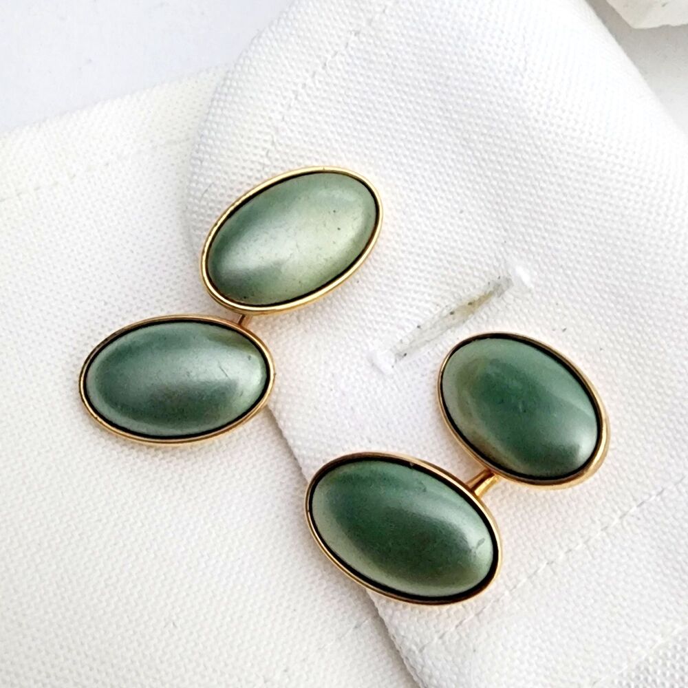 Vintage Krementz Green Moonglow Oval Chain Link Cufflinks Professional Classic
